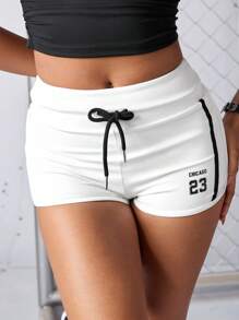 SHEIN Sports Women's Letter Print Drawstring Waist Skinny Sport Shorts - White - View 1
