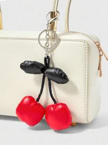 ROMWE Kawaii Handmade Faux Leather 3D Cherry Bow Keychain/Bag Charm - Red - View 2