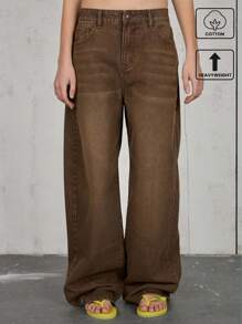 COUREZ Jeans à jambe ballon de coupe régulière à taille basse en coton vintage Y2K, lavage brun