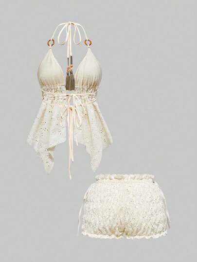 ROMWE Avant Y2K Style Wooden Beads Decor Backless Spaghetti Strap Top & Low Waist Bubble Shorts 2Pcs Set For Women
