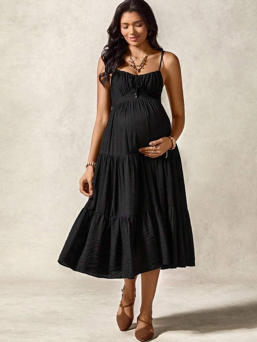 Boho Mama Pregnant Women Vacation Casual Solid Color Spaghetti Strap Dress - Black - View 1