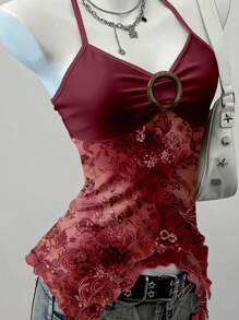 SHEIN EZwear Camiseta informal de encaje con estampado floral retro para mujer, adecuada para el verano