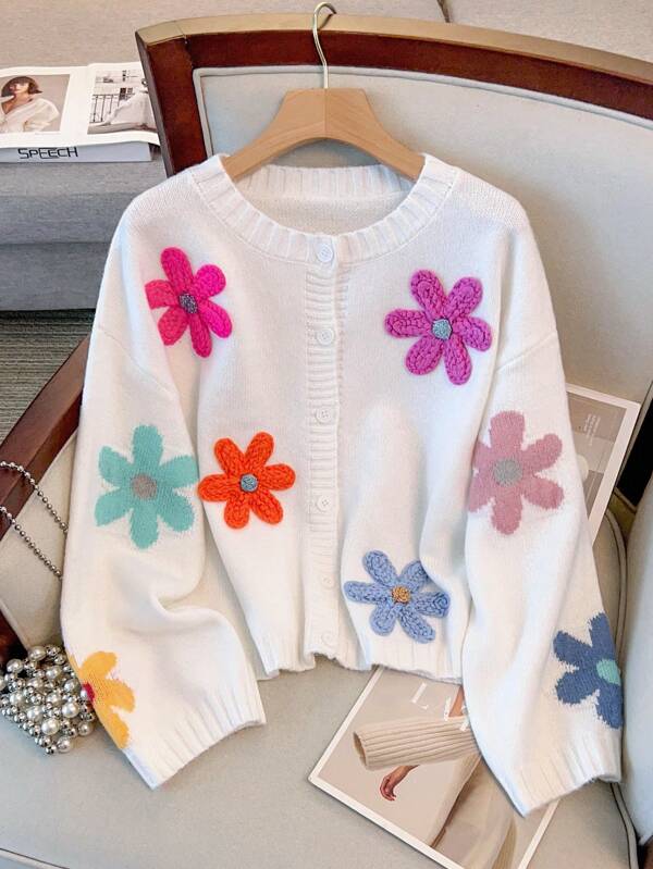 Regalyn Cárdigan de punto con flores 3D coloridas para mujer de talla grande, diseño único de nicho, para otoño/invierno