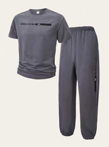 2 buc/set casual stil stradă adolescenți băieți tricou și pantaloni scurți cu mânecă scurtă, croială lejeră, imprimeu grafic, guler rotund