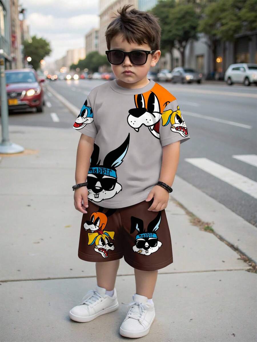 SHEIN 2pcs Young Boy Casual Cartoon Rabbit Graphic Round Neck Short Sleeve Shorts Set, Suitable For Summer - Multicolor - View 1