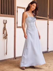 WESTFADE 褶饰细肩带，可爱蝴蝶结前襟，褶饰后背，紧身胸衣风格，修身喇叭裤，西部纳什维尔女牛仔牛仔中长连衣裙 - 淺色水洗藍 - 查看 4