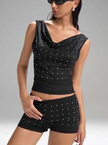 LYSMO Women's Fashion Rhinestone Decor Asymmetric Collar Top, Minimalist Chic,Grunge And Punk Chic, Y2K Clothes, Edgy Clothes Woman And Unique Clothes 2025 New Arrival - Black - View 5