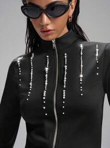 LYSMO Women's Solid Color Faux Pearl Decoration Long Sleeve Zipper Front Slim Fit Lightweight Jacket