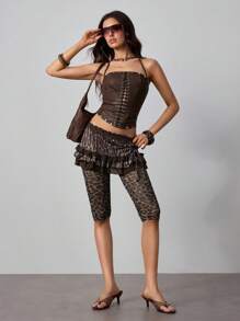 ROMWE Grunge Punk Quần Capri 2 trong 1 họa tiết da báo có dây rút dành cho nữ - màu nâu - Xem 6