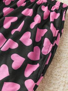 SHEIN 少女字母印花短袖上衣和心形图案长裤睡衣套装 - 黑色 - 查看 5