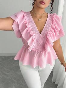 Elenzga Plus Size Elegant Pleated V-Neck Textured Blouse - Pink - View 5