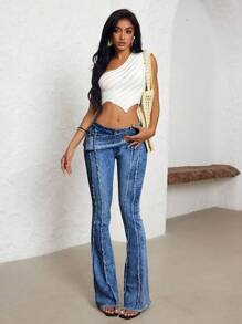 Jeanoix Large Sun Symbol Button Fly Low-Rise Flared Leg Jeans - Dark Wash - View 5