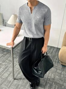 ESTAVOR 男士街头风格针织短袖T恤，适合夏季 - 灰色 - 查看 1