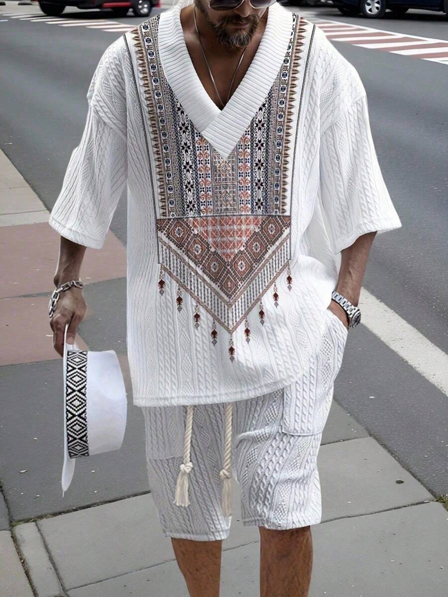 Manfinity RSRT Men's Graphic Print V-Neck T-Shirt And Drawstring Waist Pocket Shorts Set Men Summer Outfits Men Shirt Co Ords Men African Dashiki Festival Outfit African Attire For Men's 2 Pieces Outfits Summer - White - View 1