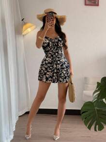 Breezaya 女式度假风格蝴蝶结腰带碎花修身连体裤 - 黑色 - 查看 5