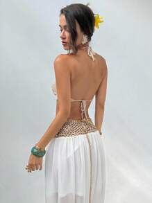 Women's 2-Piece Set: Sleeveless Knit Top With 3D Flowers + Halter Crochet Chiffon Skirt, Tropical Bohemian Design, Ideal For Summer, Beach, Vacation, Autumn And Winter - 貝斯 - 查看 2
