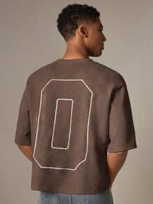 SWAVVY Áo thun nam tay ngắn dệt kim thường ngày trẻ trung, rộng rãi, thêu số - màu nâu - Xem 3