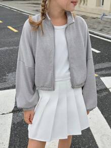 Tween Girl Solid Color Drop Shoulder Long Sleeve Zip Placket Casual Sweatshirt Fall Winter - Grey - View 3