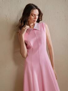 Anewsta 夏季新款优雅派对无袖马球领水钻缀饰女士长款连衣裙 - 粉色 - 查看 4