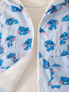 1件装 女童秋冬可爱卡通印花抽绳连帽拉链休闲保暖外套 女童冬季外套 儿童外套 女童抓绒外套 女童保暖外套 冬季外套 女童秋季 - 藍色 - 查看 4
