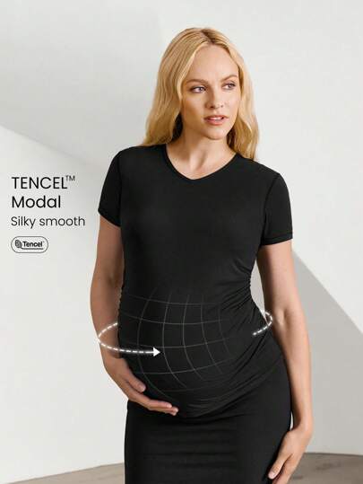 GLOWMODE TENCEL™ Modal Miss V Maternity Lightweight Silky Smooth Side Pleats V-Neck T-Shirt Low Impact Yoga Pilates Studio Daily Casual Wear
