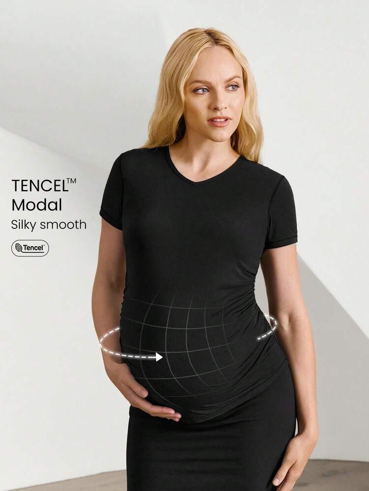 TENCEL™ モーダル素材 マタニティ Vネック Tシャツ、軽量シルキースムーズ サイドプリーツ、低影響ヨガ ピラティス スタジオ デイリーカジュアルウェア