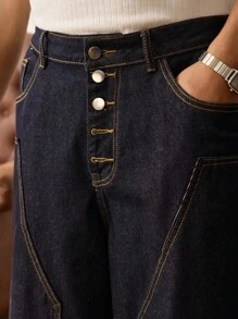 SWAVVY 个性化时尚纽扣口袋阔腿男士牛仔短裤 - 藍色 - 查看 6