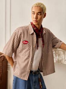 SWAVVY Men's Summer Casual Street College Style Letter Embroidery Gingham Print Patchwork Pocket Loose Shirt - Brown - View 7
