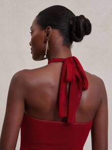 NYA SZN 连衣裙 挂脖领口荷叶边细节 特殊场合 早午餐 毕业典礼 婚礼 宾客 新娘派对 春夏 迷你弹力针织连衣裙 女士 - 紅色 - 查看 3