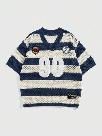 Prep Men's Numeric Pattern V-Neck Short Sleeve Hollow Loose Knit Striped Pullover
