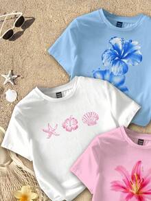 Divinelle 3 件套休闲简约“清凉假期”热带芙蓉、鸡蛋花、海星、贝壳海滩主题短袖短款 T 恤，适合女士夏季度假 - 彩色 - 查看 3