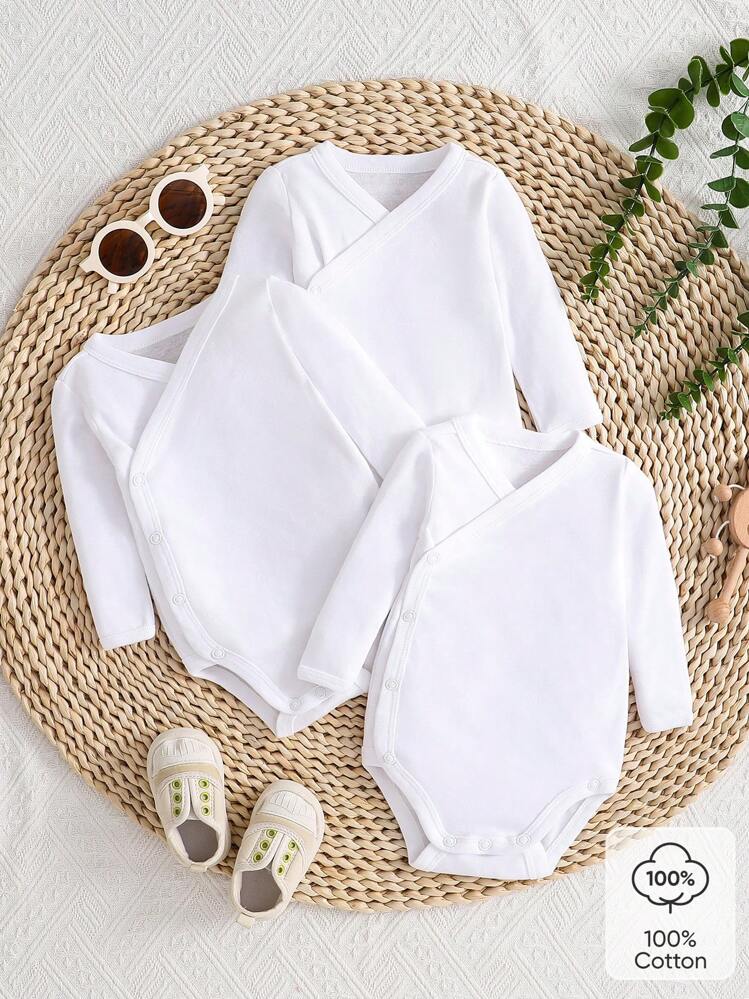 Set da 3 pezzi per neonato maschio/femmina, body a maniche lunghe con chiusura a pressione incrociata, colore bianco tinta unita, comodo e alla moda - Bianco - Visualizzare 1