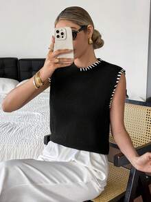 SHEIN Frenchy Gilet tricoté à col rond décontracté pour femmes, avec couture contrastée. Pull tricoté, convient pour les déplacements quotidiens. Superposition pour l'automne, nouvelles arrivées pour l'automne et l'hiver, pour le port quotidien et la superposition, retour à l'école, automne femmes, hauts mignons, hauts de sortie femmes, femmes old money, tenue décontractée femmes, toutes saisons - Noir et Blanc - Voir 6