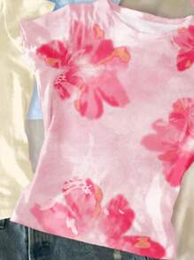 SHEIN 少女休闲度假三件套热带芙蓉花、鸡蛋花、海滩印花紧身休闲舒适圆领长袖T恤，少女夏季款，奶油黄、亮粉、天蓝色可爱沙滩衬衫，适合少女、女童、夏季夏威夷风情童装，适合学校、校园、大学穿着。 - 彩色 - 查看 4