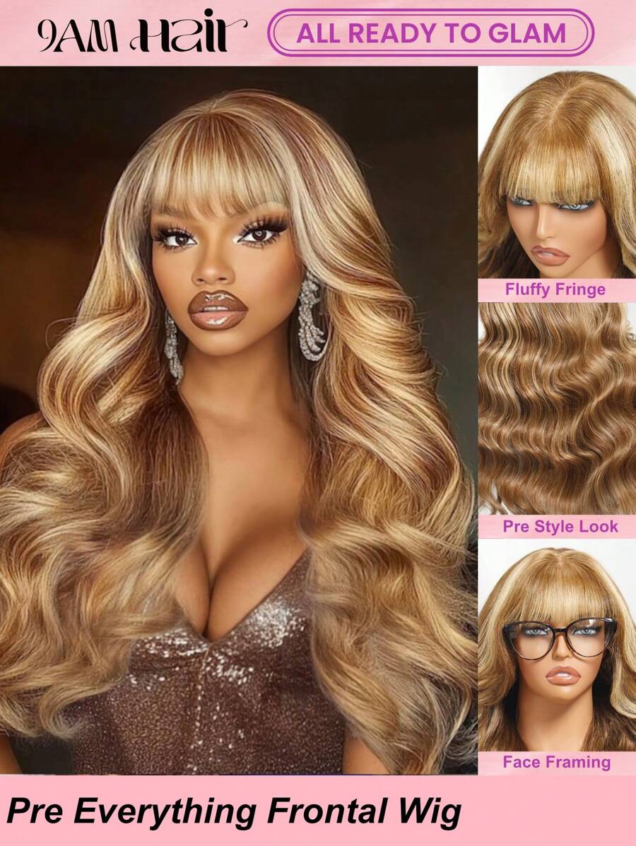 ALL READY WIG 13x4 预全蕾丝前额蜜金色挑染蓬松波浪窗帘刘海假发层次框架脸部预剪预漂白预拔魔法耳片适合所有头型 100% 真人发假发可染色加热 9AM 头发 - S4/27 - 查看 1