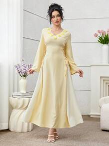 Al Najma Váy ôm sát eo lãng mạn màu vàng kem phong cách Ả Rập thanh lịch cho quý cô - Màu vàng - Xem 4