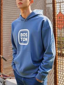 Teen Boy Letter Print Hooded Sweatshirt,In Fall/Winter - Blue - View 2
