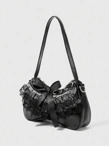 ROMWE Kawaii Geantă de umăr cu volane din dantelă în carouri pentru femei la modă