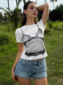 DAZY Women's Printed Bralette Crop Top Can Be Worn As Outerwear - White - View 6