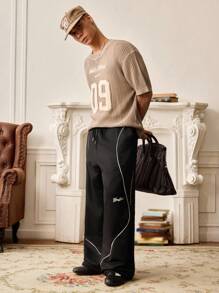 SWAVVY 男士针织休闲宽松松紧腰直筒裤，纯色，适合日常穿着，年轻风格