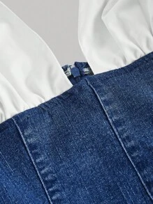 SHEIN MOD فستان جينز ذو فتحة خلفية للنساء بياقة أفقي متعدد الألوان - الأزرق - مشاهدة 4