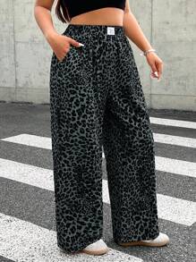 SHEIN EZwear 大码女式豹纹梭织面料休闲日常通勤时尚高腰阔腿宽松裤带口袋 - 灰色 - 查看 6