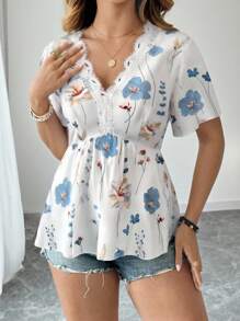 SHEIN LUNE Plus Size Women V-Neck Floral Ruffle Trim Short Sleeve Tie Waist Floral Vacation Romantic Elegant Blouse