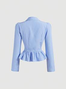 SHEIN MOD 翻领长袖荷叶边下摆蓝白条纹衬衫