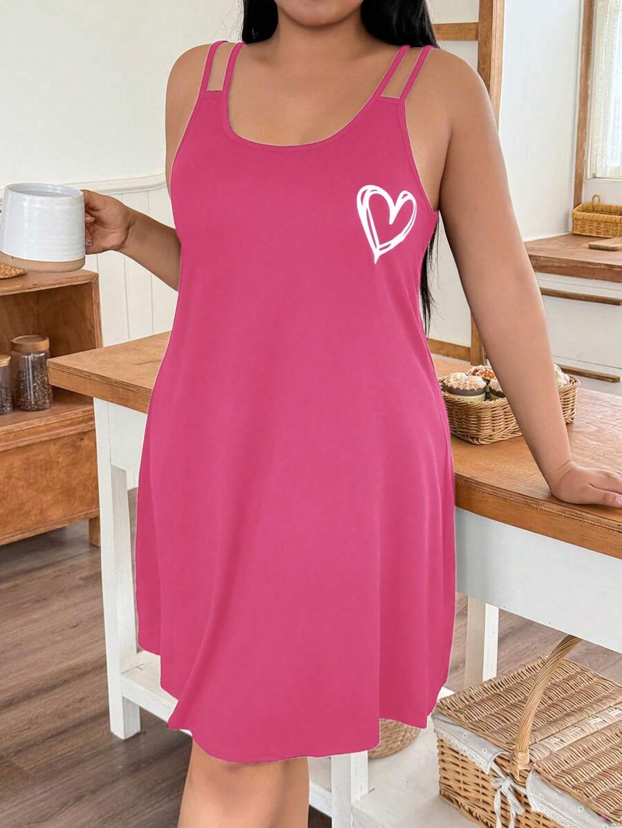 DUSKBASE Plus Size Casual Heart Print Camisole Nightgown - Hot Pink - View 1