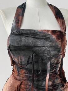 Sunspun Vestido mini corto y ajustado de talle ceñido con efecto tie-dye, sin mangas, con espalda de tirantes, sexy y elegante para tallas grandes - Marrón Chocolate - Ver 4