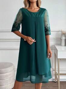 Miaspire 女士优雅通勤刺绣网眼拼布中长连衣裙