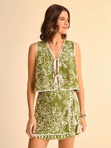 CAJUNI Conjunto de 2 piezas de mujer con cárdigan transparente con textura y estampado floral sin mangas con lazo y pantalones con cordón con flecos, conjunto de verano de 2 piezas para resort - Multicolor - Ver 1