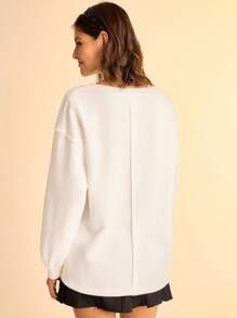 CAJUNI Women's Oversized V-Neck Solid White Sweatshirt,Autumn Casual Long Sleeve Pullover,Back-To-School Boho Western Clothes,School Basic Tops - White - View 2
