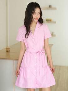 K-Vae Women's Pink Stripe Summer Casual Brunch Shirt Mini Dress,Short Sleeve Single Breasted Mottled Collar College Dress,Back To School Teacher Outfits - Baby Pink - View 7